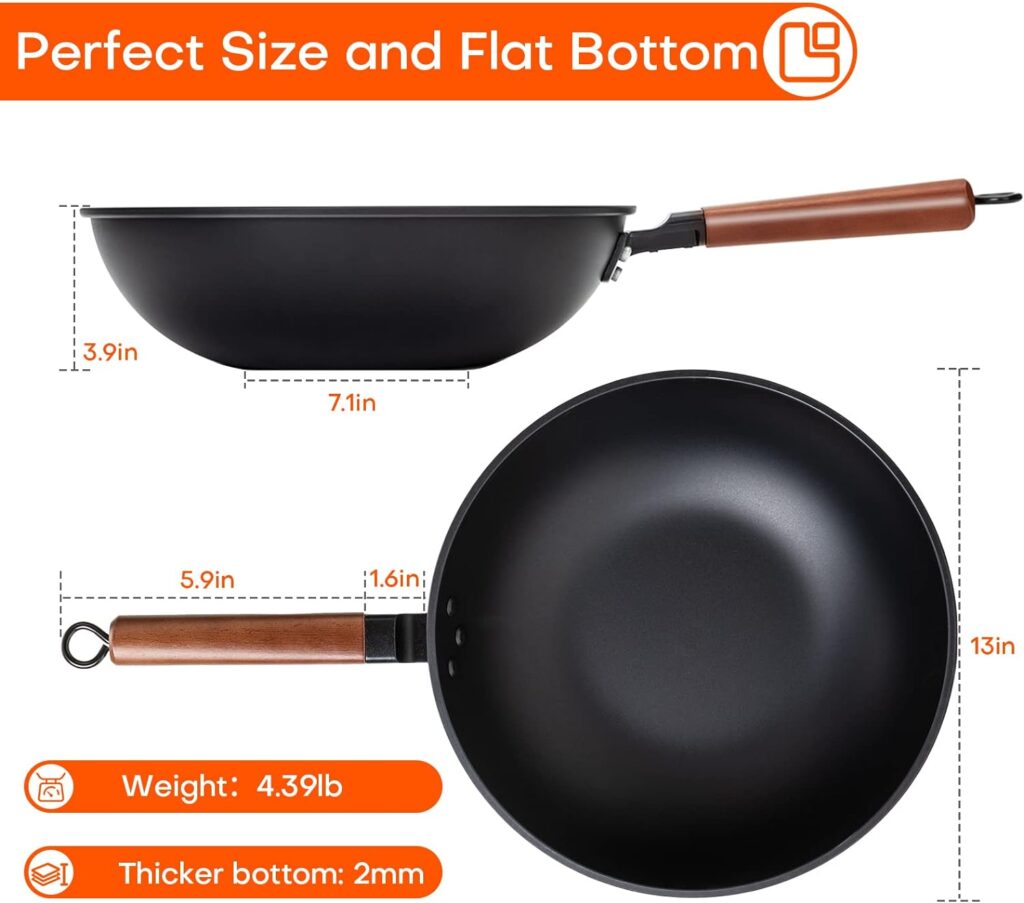 Eleulife Carbon Steel Wok, 13 Inch Wok Pan with Lid and Spatula, Nonstick Woks and Stir-fry Pans, No Chemical Coated Flat Bottom Chinese Wok for Induction, Electric, Gas, All Stoves