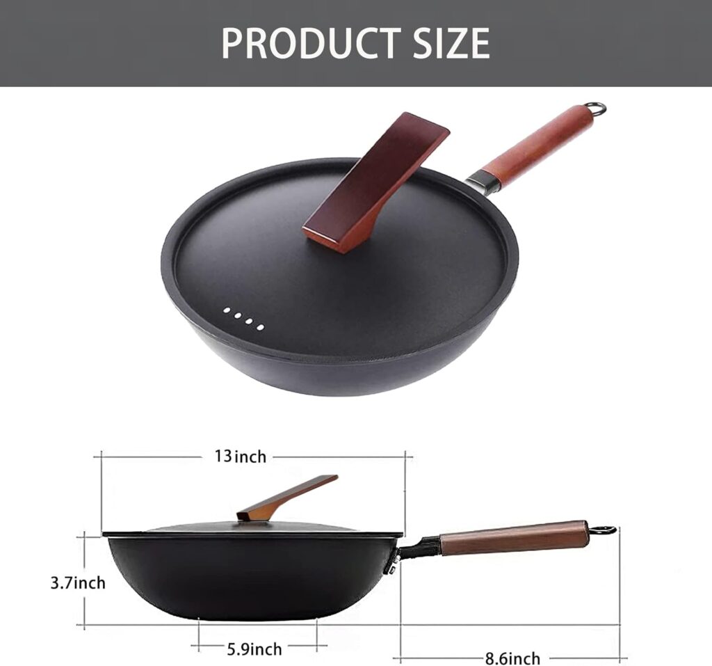 JUSTUP Carbon Steel Wok Pan,13 Inch Nonstick Wok with Lid,No Chemical Coated Woks  Stir-Fry Pans with Anti Scald Handle,Chinese Wok Cookware for Induction, Electric, Gas Stove, All Stoves (13Inch)