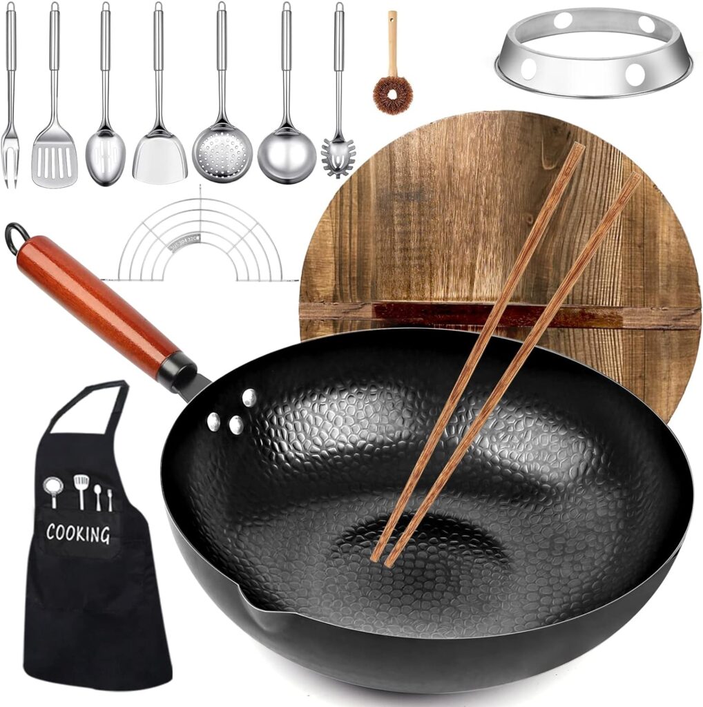 kaqinu Carbon Steel Wok Pan, 14 Piece Woks  Stir-Fry Pans Set with Wooden Lid Cookwares, No Chemical Coated Flat Bottom Chinese Pan for Induction, Electric, Gas, Halogen All Stoves - 12.6