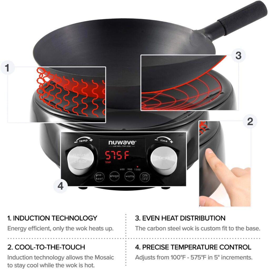 Nuwave Mosaic Induction Wok, Precise Temp Controls from 100°F to 575°F in 5°F, Wok Hei, Infuse Complex Charred Aroma  Flavor, 3 Watts 600, 900  1500, Authentic 14-inch Carbon Steel Wok Included