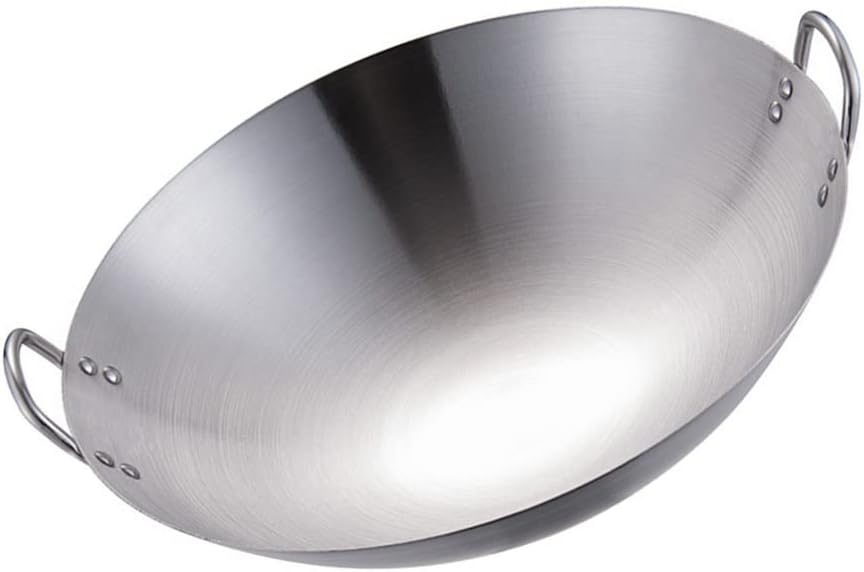 Tofficu Carbon Steel Wok Stainless Steel Wok Double Ear Wok Pot Binaural Metal Wok Non- Stick Kitchen Wok Deep Frying Pan for Stir- Fry Grilling (Silver) Stainless Wok
