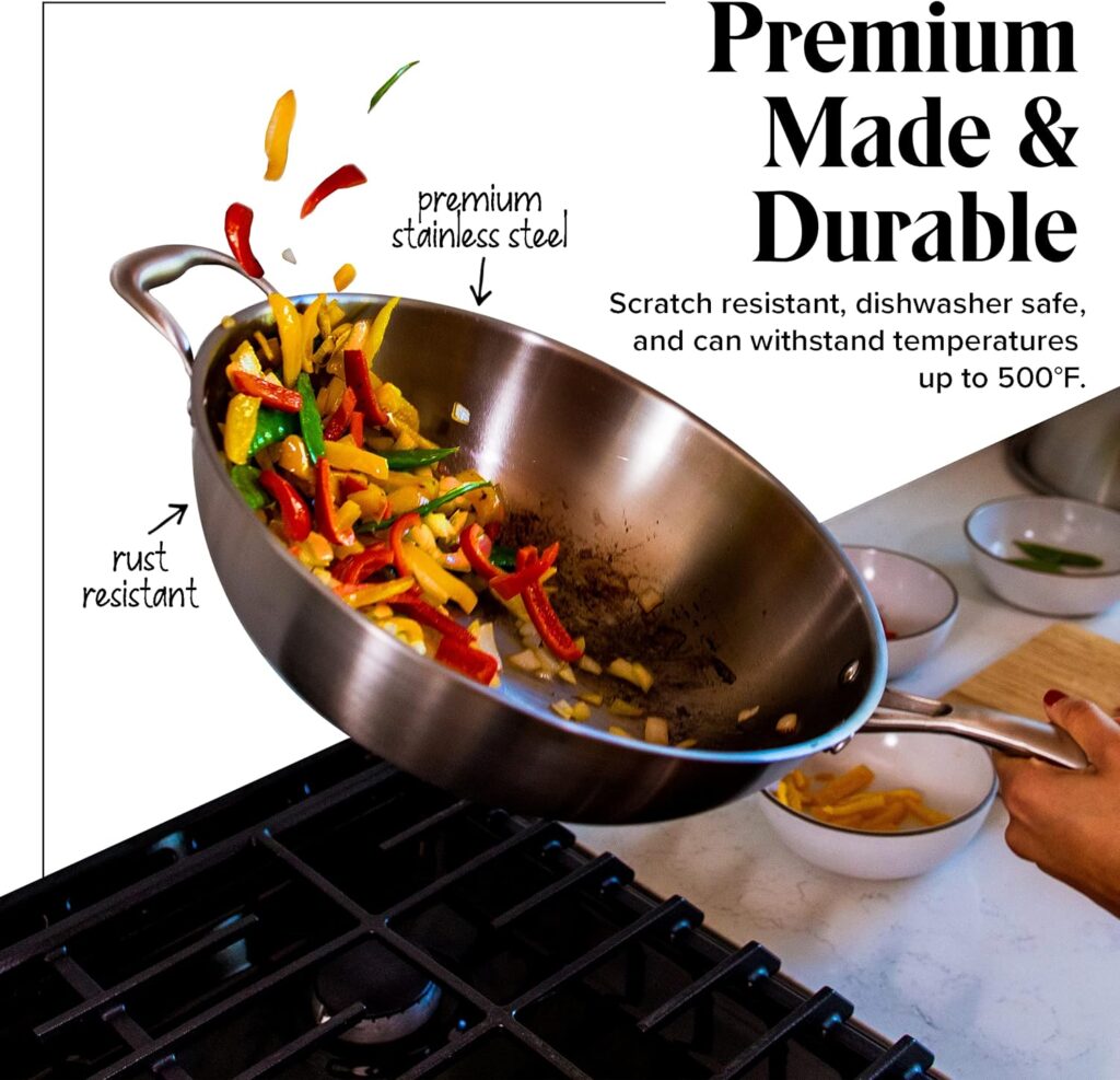 Willow  Everett Wok Pan - Non-Stick Stainless Steel Stir Fry Pans With Domed Lid  Spatula - Scratch Proof Cookware For Gas, Induction Or Electric Stove