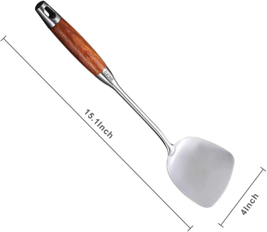 Wok Spatula Stainless Steel, Wide Metal Spatula with Hollow Long Handle Wok Utensils,Silver/14.7Inch