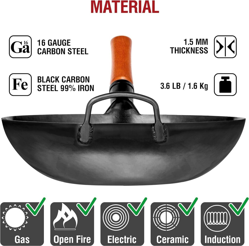 YOSUKATA Carbon Steel Wok Pan – 13,5 “ Stir Fry Pans - Chinese Wok with Flat Bottom Pow Wok - Traditional Japanese Woks - Black Carbon Steel