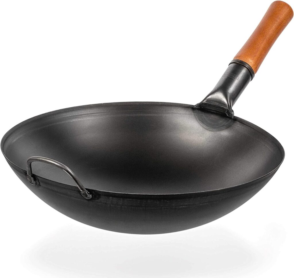 YOSUKATA Carbon Steel Wok Pan - 14 “ Woks and Stir Fry Pans - with Round Bottom Wok - Traditional Chinese Japanese Woks - Black Steel Wok