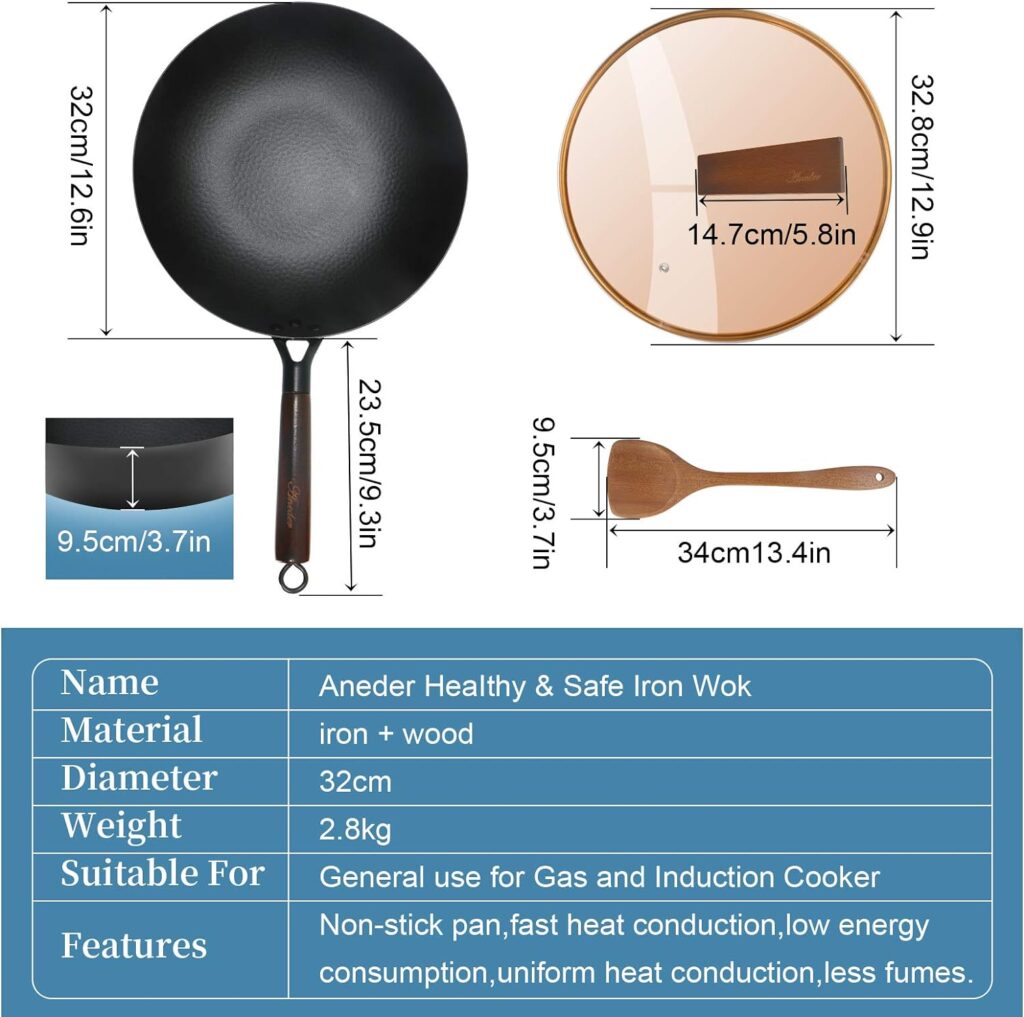 ANEDER Carbon Steel Wok Pan with Lid  Wood Spatula, 12.5 Cast Iron Stir Fry Pan with Flat Bottom and Wooden Handle for Electric, Induction and Gas Stoves