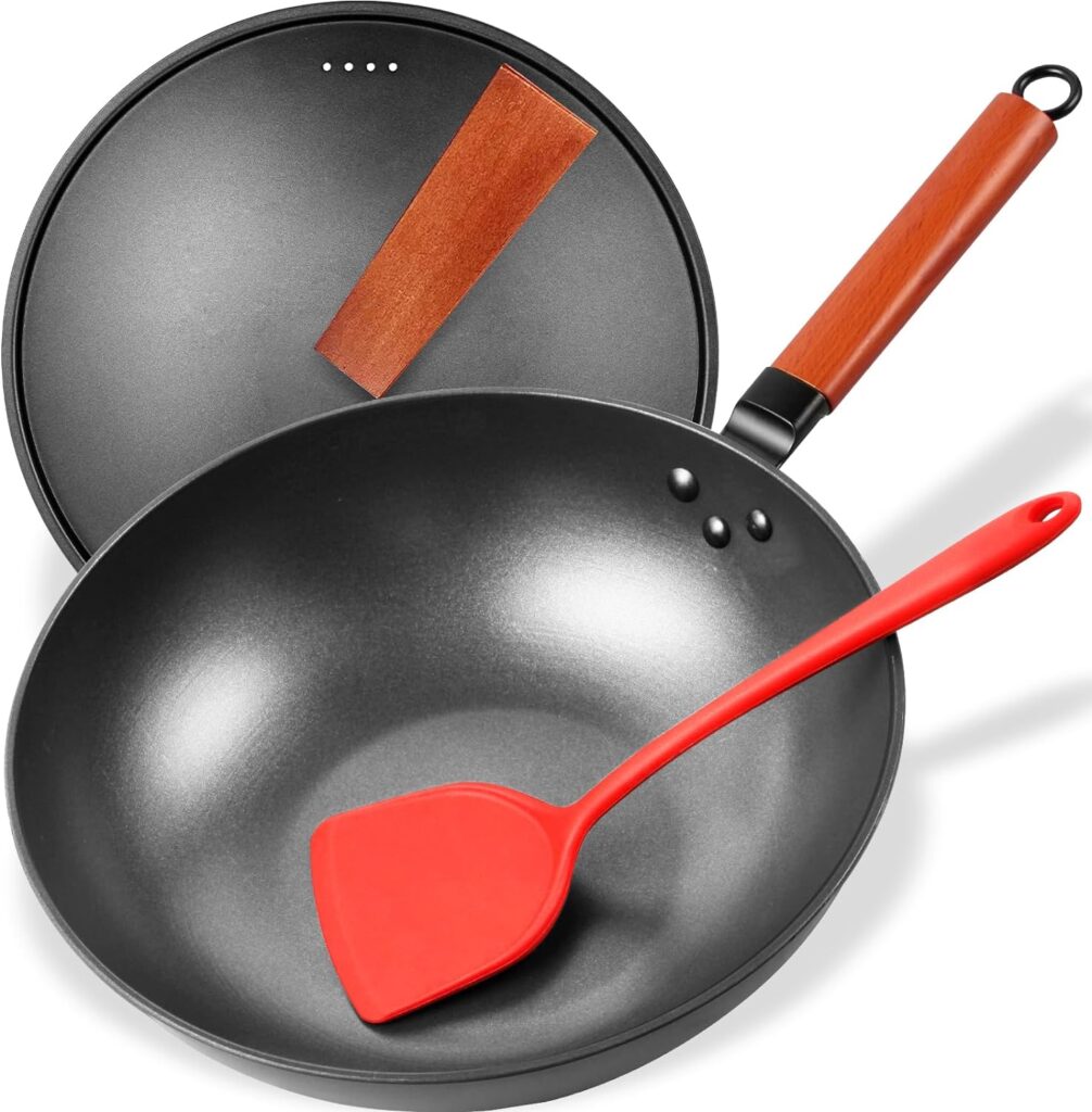 Anyfish Wok Pan with Lid, 13in Woks  Stir Fry Pans with Silicone Spatula, Nonstick Wok and Carbon Steel Woks, No Chemical Coated Flat Bottom Chinese Wok For Induction, Electric, Gas, All Stoves