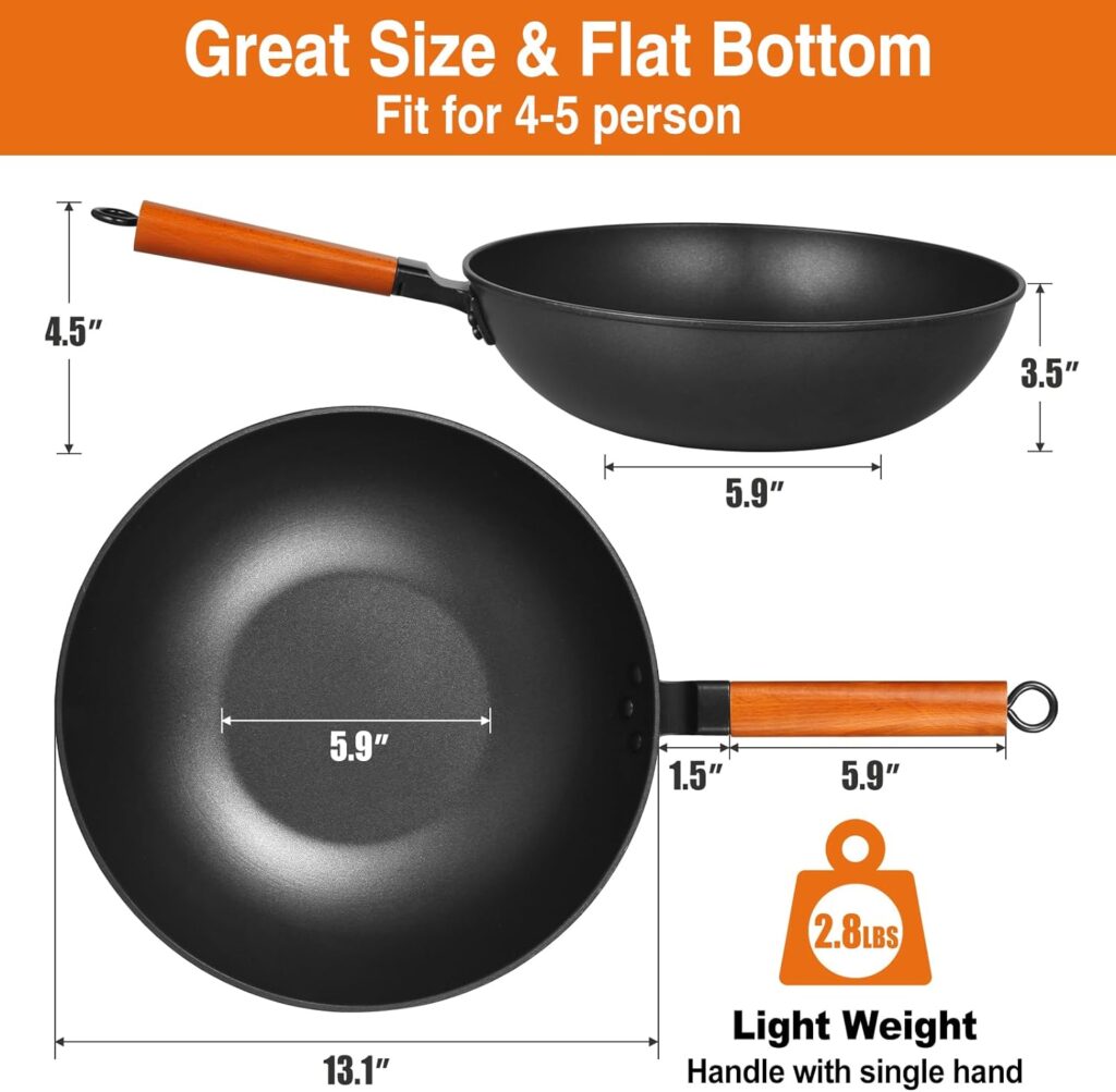 Anyfish Wok Pan with Lid, 13in Woks  Stir Fry Pans with Silicone Spatula, Nonstick Wok and Carbon Steel Woks, No Chemical Coated Flat Bottom Chinese Wok For Induction, Electric, Gas, All Stoves