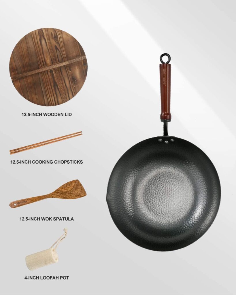 Bielmeier 12.5 Wok Pan, Woks and Stir Fry Pans, Carbon Steel Wok, Flat Bottom Wok with Lid Suits for all Stoves