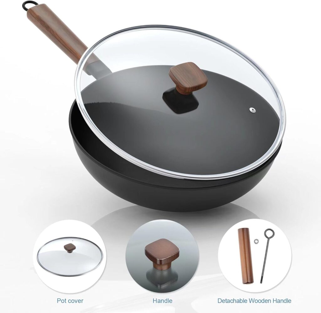 Bielmeier 13 Wok Pan, Woks and Stir Fry Pans with Glass Lid, Wok Pan with Spatula, Chopsticks and Loofah Root, Flat Bottom Carbon Steel Wok Suits for all Stoves…