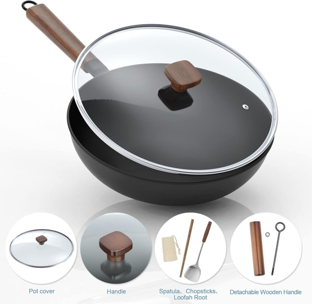 Bielmeier 13 Wok Pan, Woks and Stir Fry Pans with Glass Lid, Wok Pan with Spatula, Chopsticks and Loofah Root, Flat Bottom Carbon Steel Wok Suits for all Stoves…