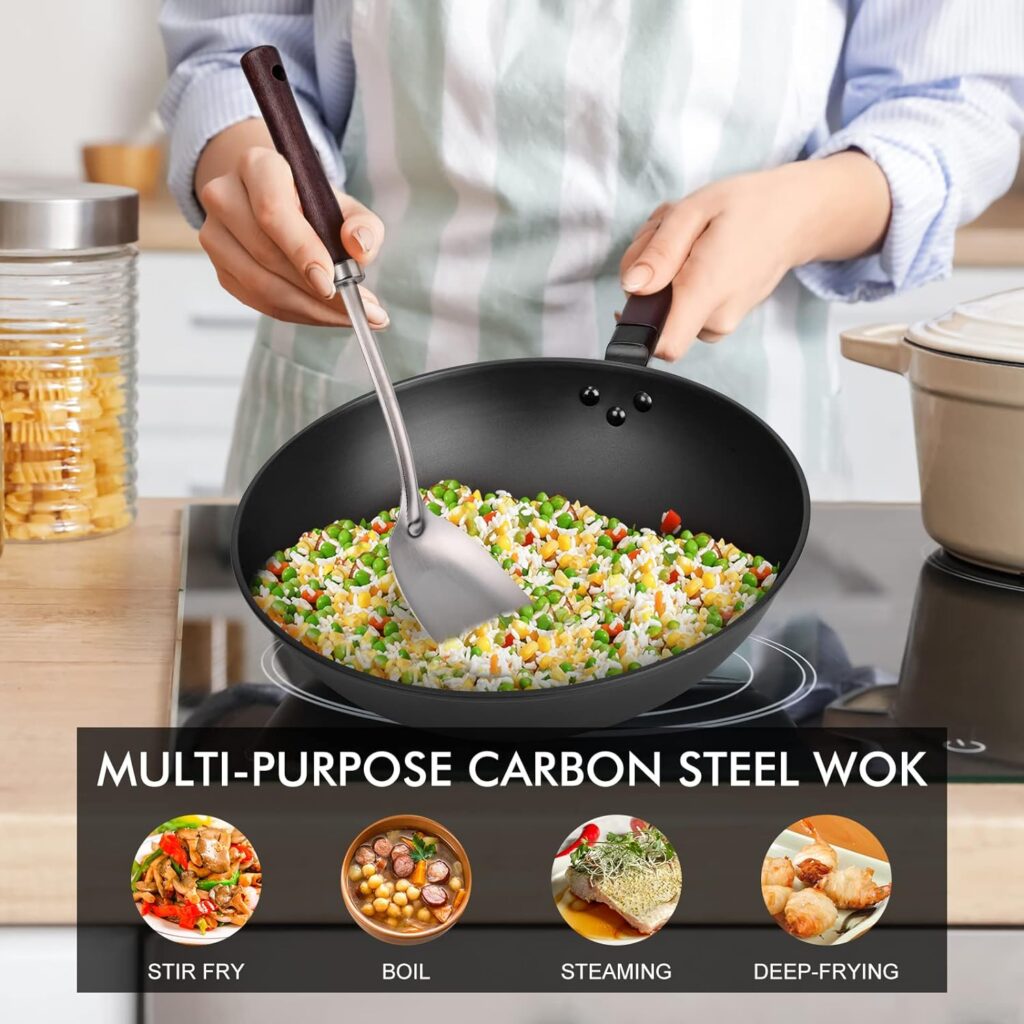 Carbon Steel Wok Pan - 12.9” Wok Pan with Lid, Woks  Stir-fry Pans, No Chemical Coated Chinese Wok with 4 Cookware Accessories Flat Bottom Wok for Induction, Electric, Gas, All Stoves