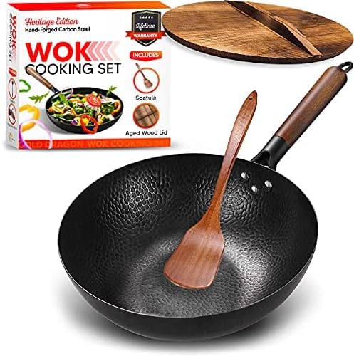 Gold Dragon Heritage Edition Carbon Steel Wok Pan with Lid | 12.5 Preseasoned Quality Wok Set | Traditional Stir Fry Pan | Round Flat Bottom Wok