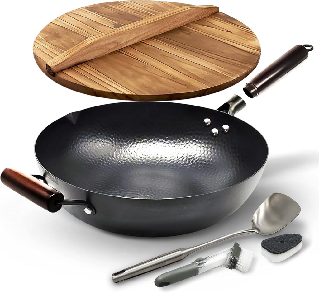 HOME EC Carbon Steel Wok Pan With Lid, Stir Fry Wok Set, Steel Spatula, and Cleaning Brush - Non-Stick Big 12.75in Flat Bottom Chinese woks  stir-fry pans