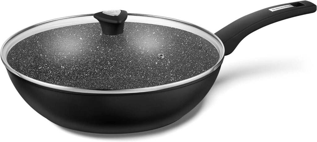 KOCH SYSTEME CS 12 Black Wok with Lid, Ultra Non Stick Frying Pan with Glass Cover, Marble Coating Deep Frying Pan with APEO  PFOA-Free, Aluminum Stir Fry Pan, Induction Compatible