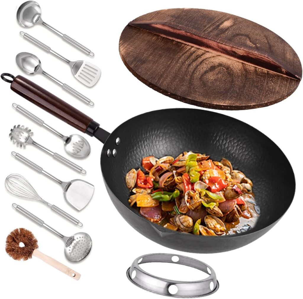 Leidawn 12.8 Carbon Steel Wok - 11Pcs Woks  Stir Fry Pans Wok Pan with Lid, No Chemical Coated Chinese Wok with 10 Cookware Accessories, Flat Bottom Wok for Electric, Induction,Gas Stoves