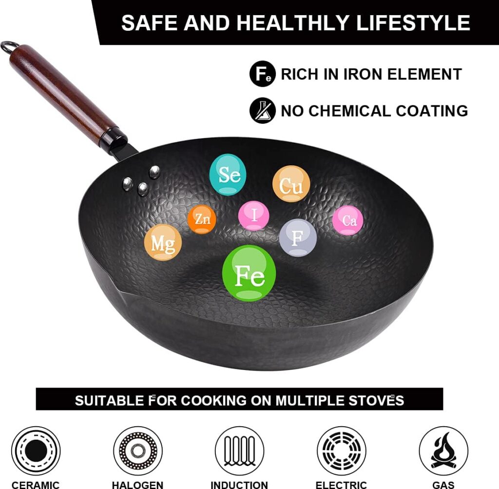 Leidawn 12.8 Carbon Steel Wok - 11Pcs Woks  Stir Fry Pans Wok Pan with Lid, No Chemical Coated Chinese Wok with 10 Cookware Accessories, Flat Bottom Wok for Electric, Induction,Gas Stoves