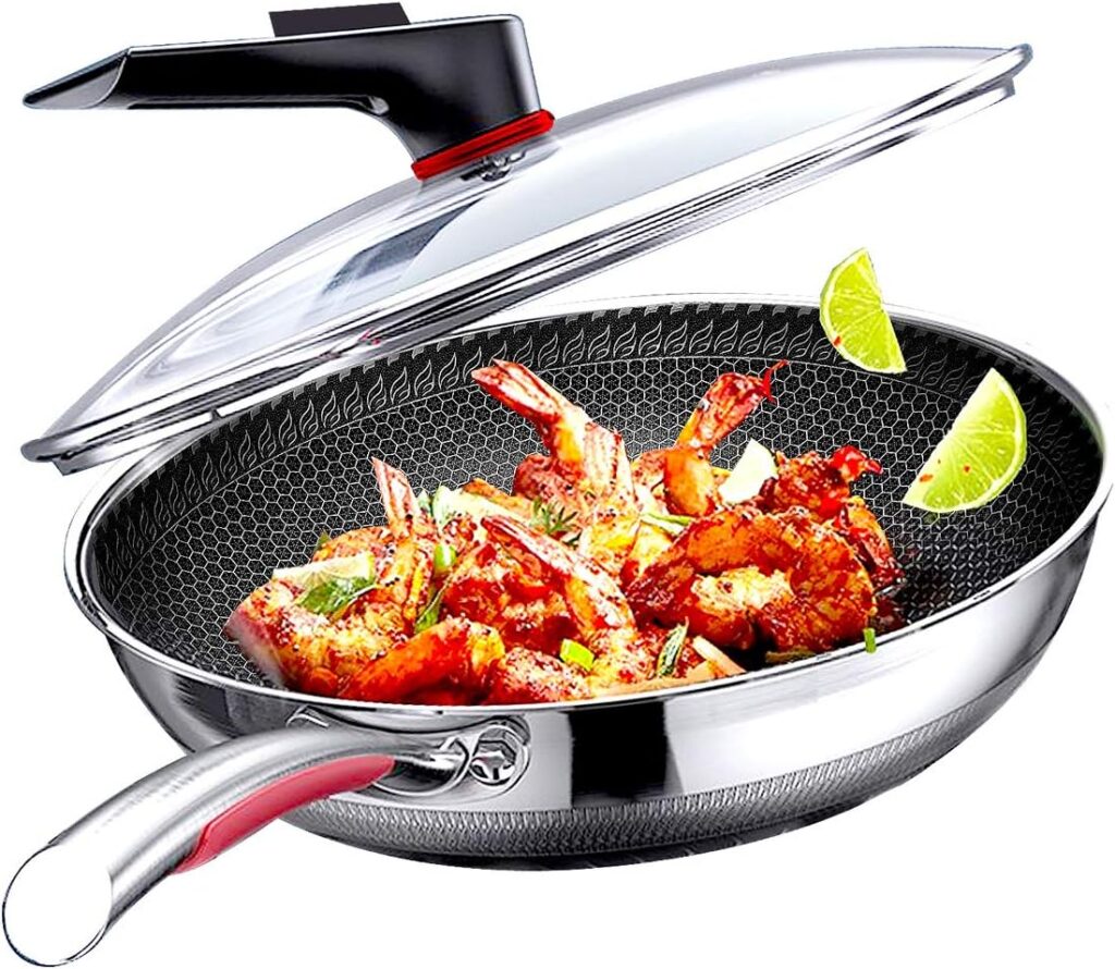 MEGOO 12.6 inch stainless steel nonstick wok pan with lid,stir fry honeycomb wok,cooking wok skillet,for gas cooktops,Induction,electric stove,dishwasher safe(PFA,PFOA Free)