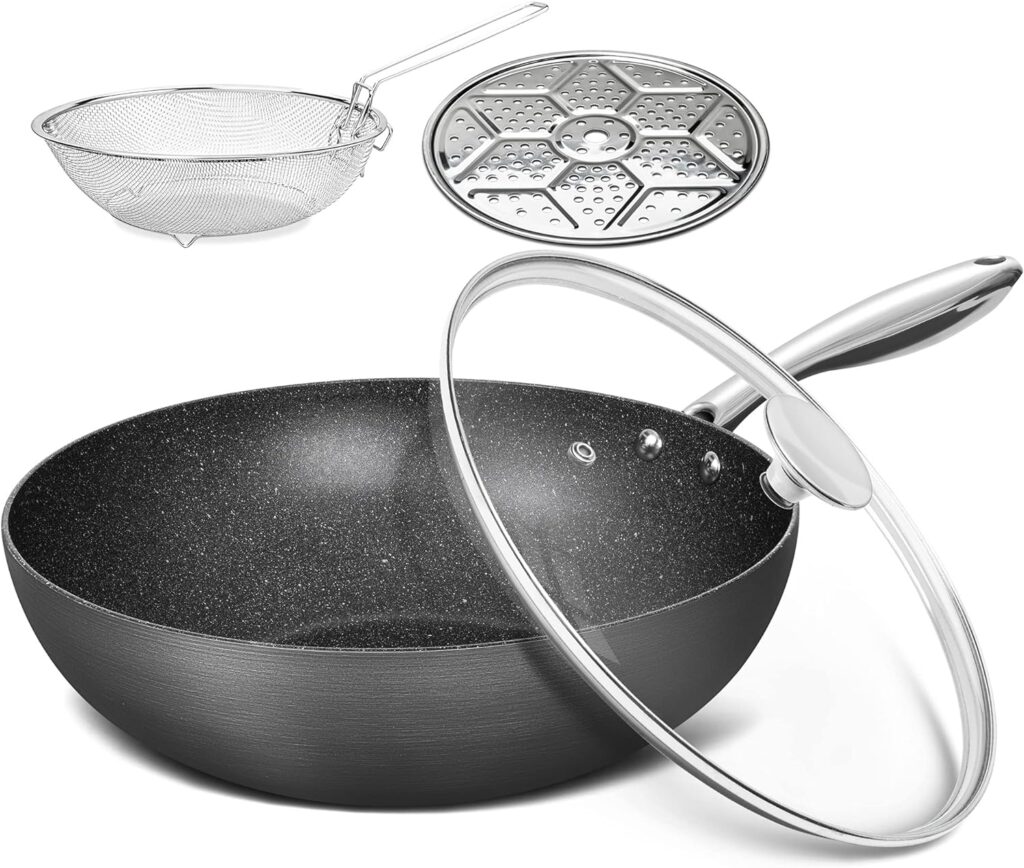 MICHELANGELO Nonstick Wok with Lid, Hard Anodized Wok Pan, Induction Wok 12 Inch, Large Wok Pan with Flat Bottom, Cooking Wok with Steamer Rack  Fry Basket, Woks and Stir Fry Pans - 5 Quart