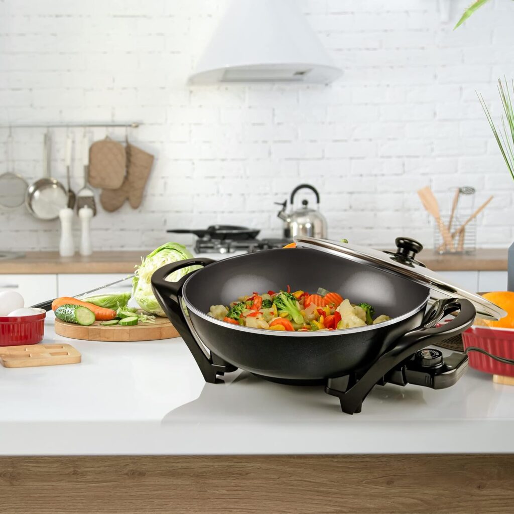 OVENTE Electric Wok with Nonstick Coating, 13 Inch Family-Sized Skillet, 1400W Power, Adjustable Temperature, Tempered Glass Lid, Cool Touch Handles and Easy to Clean Frying Surface, Black SK3113B