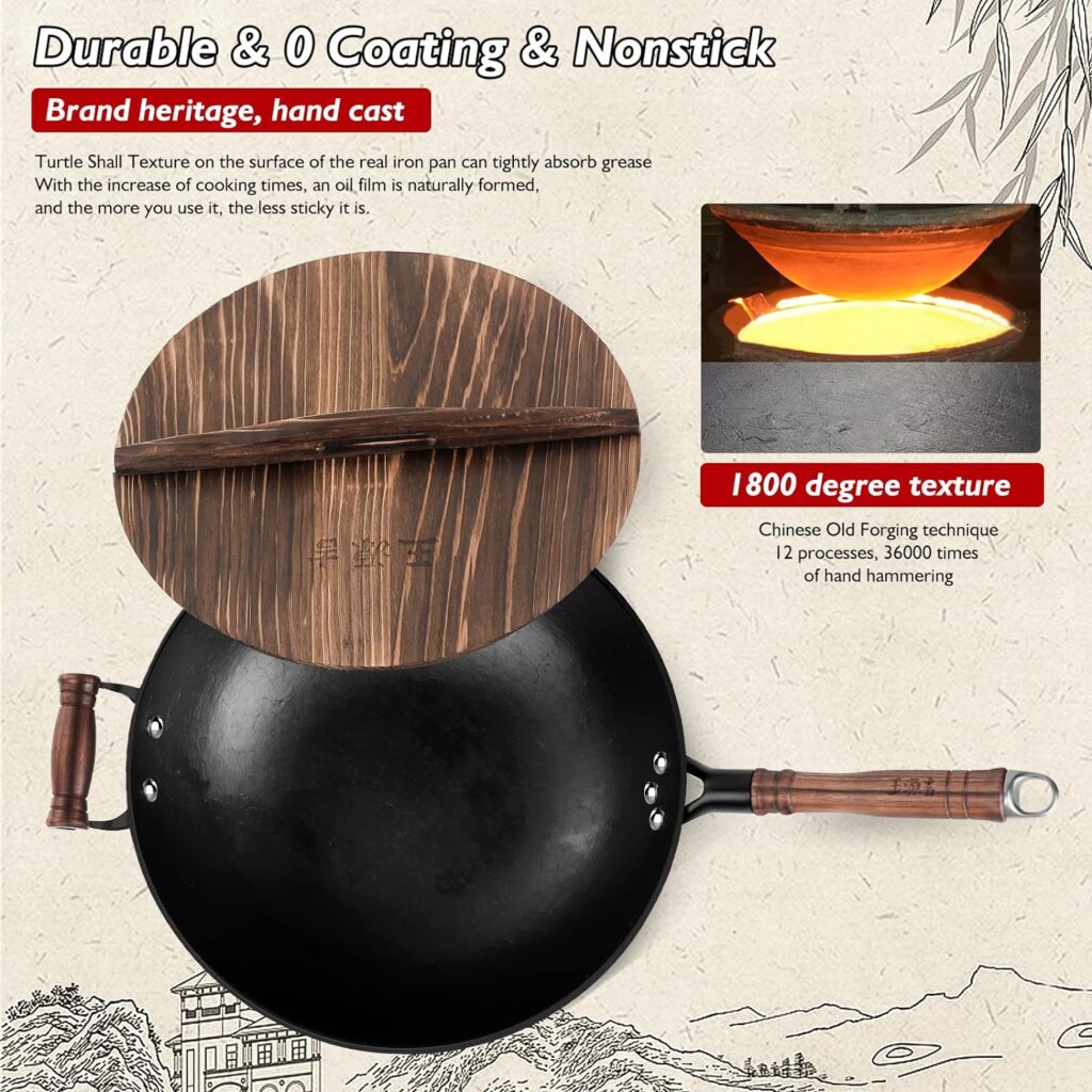 WANGYUANJI Cast Iron Wok Pan 12 inch Flat Bottom with Wooden Handle and Lid, Large Wok Stir Fry Pan Suitable for All Cooktops, Chinese wok with Free Dishcloth and Brush