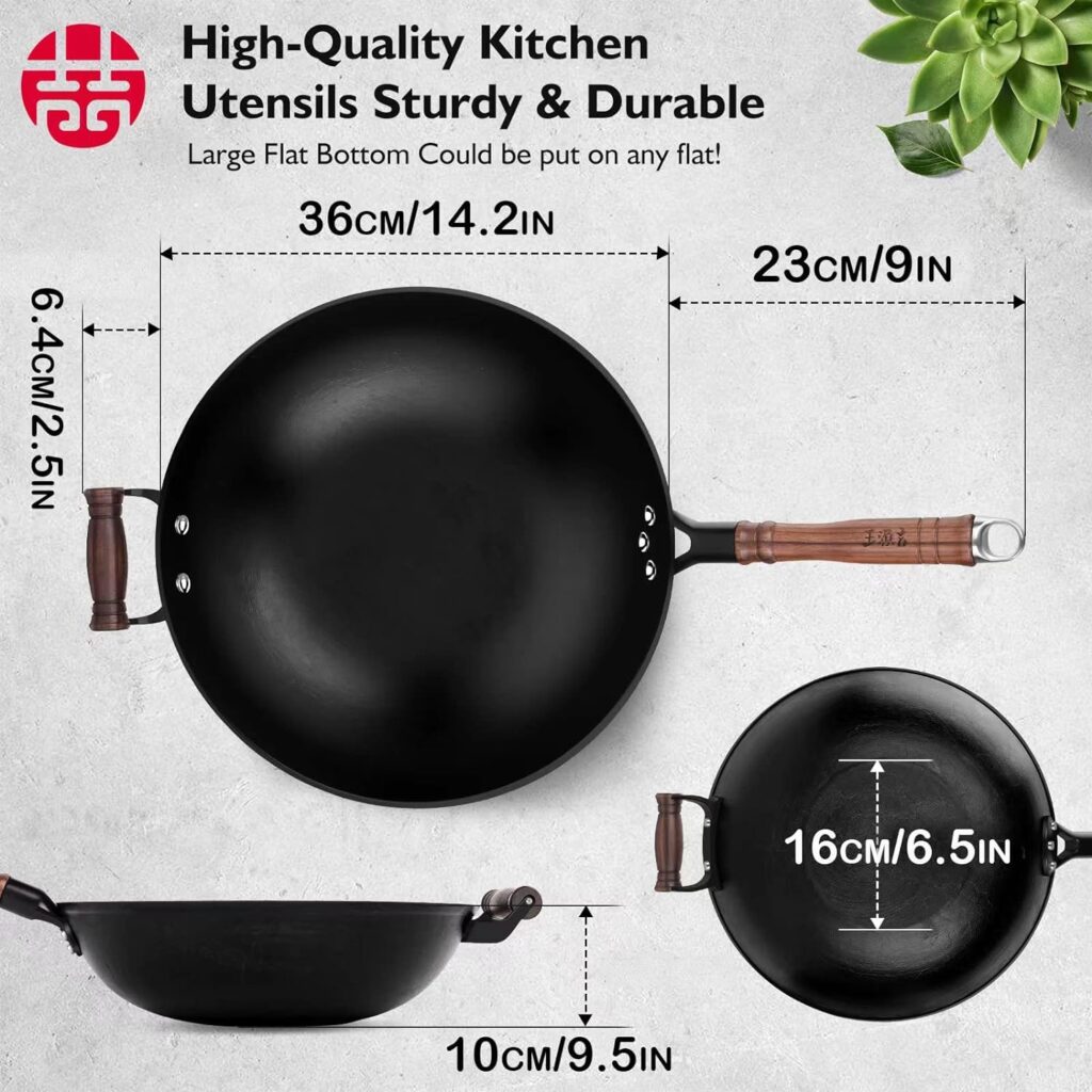 WANGYUANJI Cast Iron Wok Pan 12 inch Flat Bottom with Wooden Handle and Lid, Large Wok Stir Fry Pan Suitable for All Cooktops, Chinese wok with Free Dishcloth and Brush