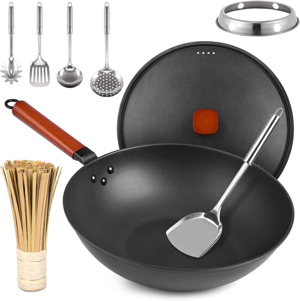 Wok Pan with Lid - 13 Nonstick Wok, Carbon Steel Woks  Stir-Fry Pans Set with 7 Cookwares, No Chemical Coated Flat Bottom Chinese wok, for Electric, Induction and Gas Stoves