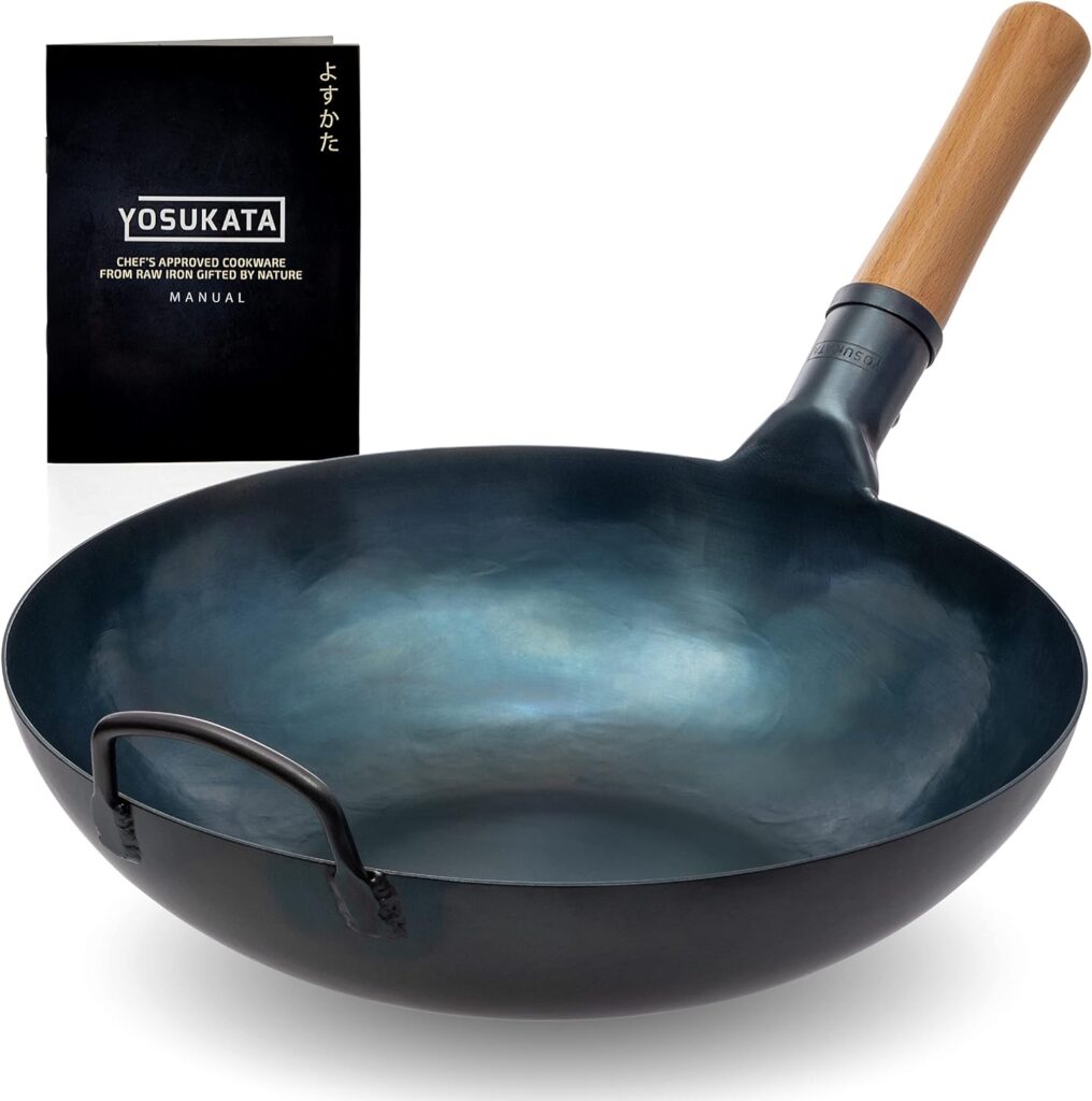 YOSUKATA Flat Bottom Wok Pan - 13.5 Blue Carbon Steel Wok - Preseasoned Carbon Steel Skillet - Traditional Japanese Cookware for Electric Induction Cooktops Woks and Stir Fry Pans