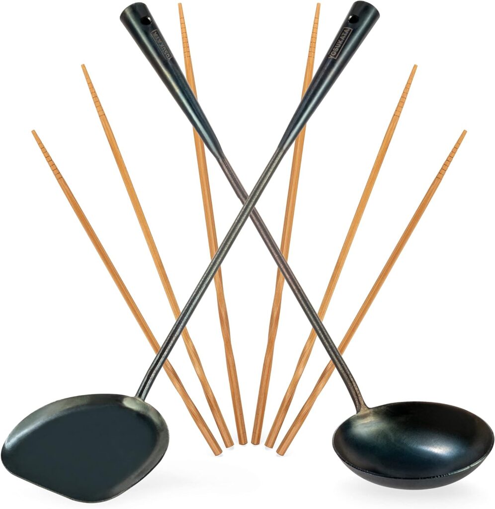 YOSUKATA Pre-Seasoned Wok Utensils Set - Blue Carbon Steel 17-inch Wok Spatula, Wok Ladle, 3 pairs of Chopsticks - Durable Wok Accessories - Traditional Asian Cooking Tools - Wok Tools