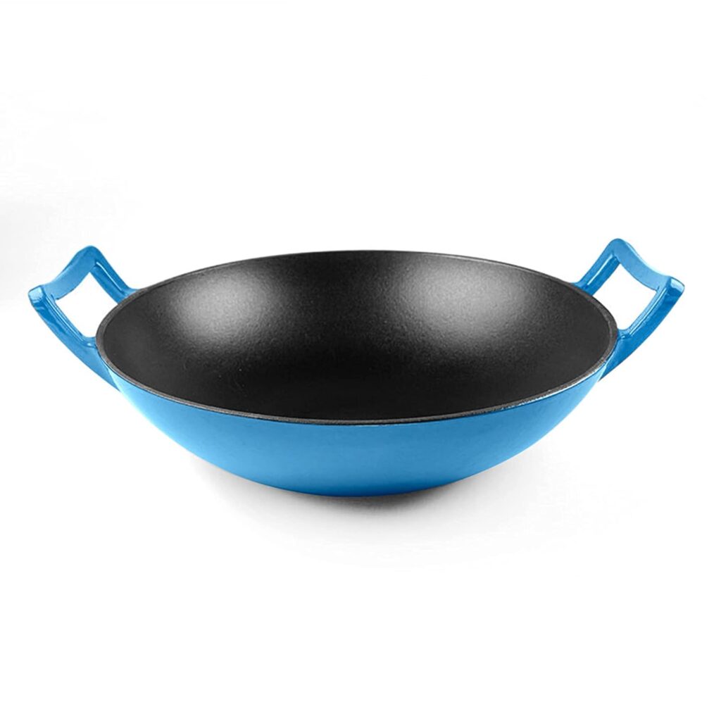 Bruntmor 14 Inch Enameled Cast Iron Wok/Pot. 14 Nonstick Enamel Skillet Pan With Large Loop Handles  Flat Base. Cookingware For Kitchen/Indoor/Outdoor Camping. (Grey)