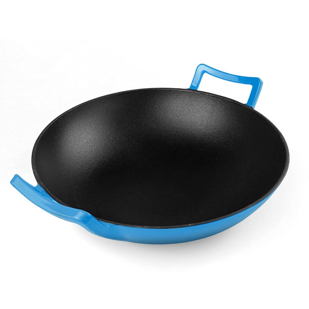 Bruntmor 14 Inch Enameled Cast Iron Wok/Pot. 14 Nonstick Enamel Skillet Pan With Large Loop Handles  Flat Base. Cookingware For Kitchen/Indoor/Outdoor Camping. (Blue)