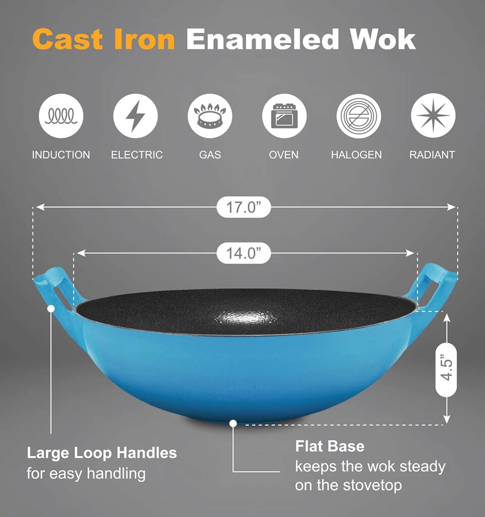 Bruntmor 14 Inch Enameled Cast Iron Wok/Pot. 14 Nonstick Enamel Skillet Pan With Large Loop Handles  Flat Base. Cookingware For Kitchen/Indoor/Outdoor Camping. (Blue)