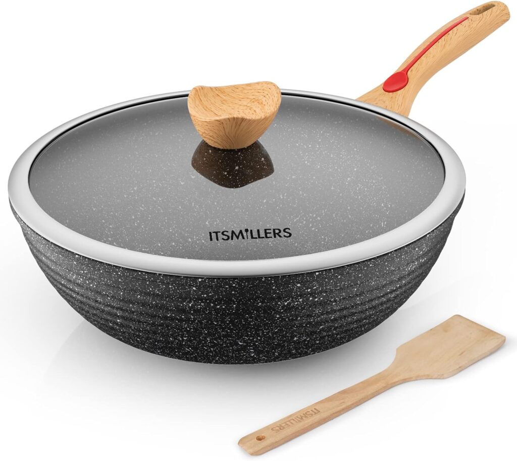 ITSMILLERS Chinese Wok Die-Casting Nonstick Wok Scratch Resistant with Lid and Spatula, PFOA-Free,Dishwasher Safe  Induction Bottom 12.5 Inch,6L