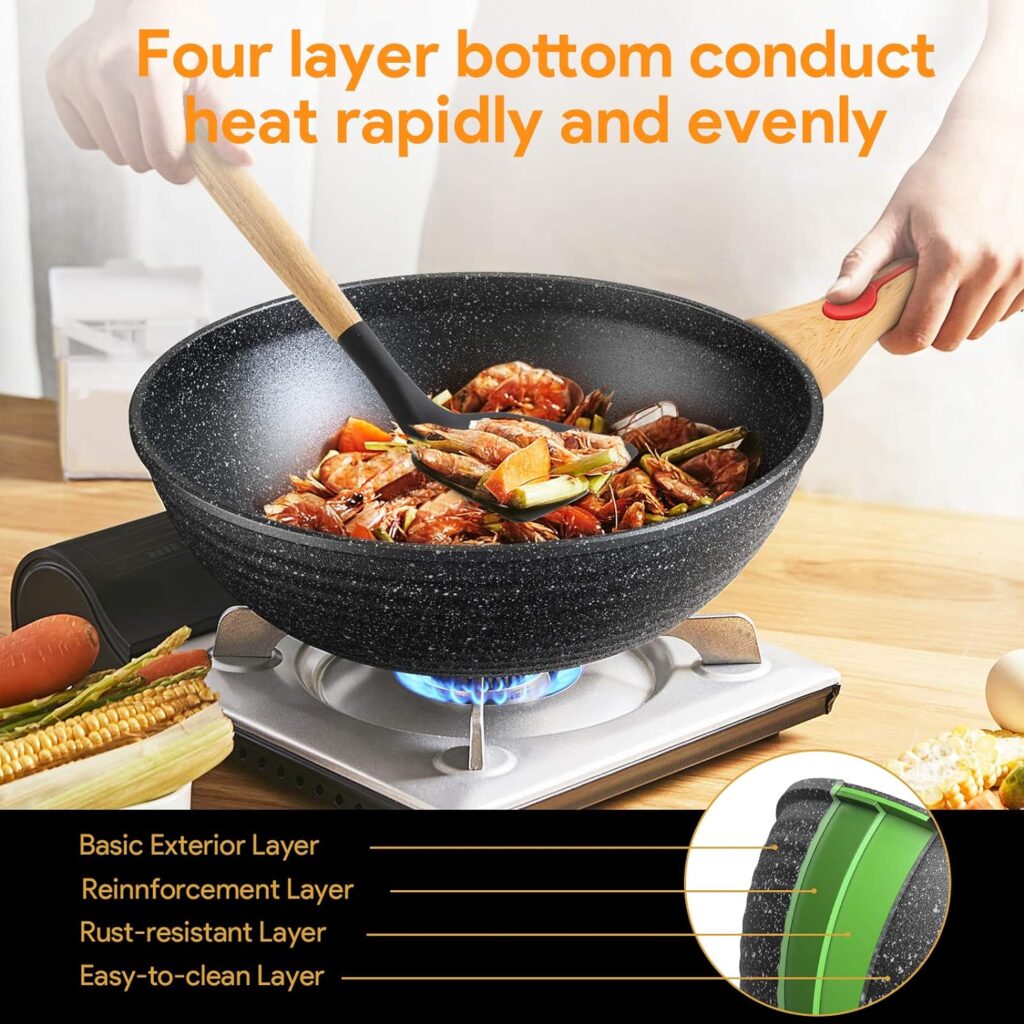 ITSMILLERS Chinese Wok Die-Casting Nonstick Wok Scratch Resistant with Lid and Spatula, PFOA-Free,Dishwasher Safe  Induction Bottom 12.5 Inch,6L