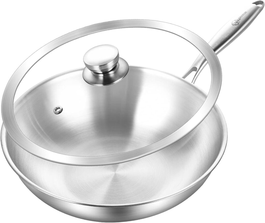 LOLYKITCH 12 Inch Tri-Ply Stainless Steel Wok Pan with Lid, Stri Frying Pan,Induction Pan,Dishwasher and Oven Safe.(Removable handle)