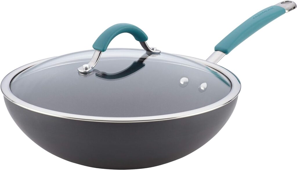 Rachael Ray Cucina Hard Anodized Nonstick Wok Pan with Lid, 11-Inch Covered Stir Fry, Gray with Blue Handles