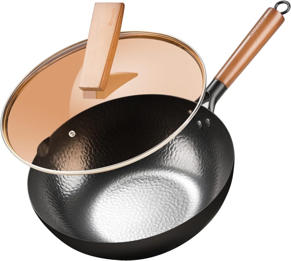 AsianTraditional Wok Pan, 12.4 Woks and Stir Fry Pans, Carbon Steel Wok with Lid Suits for all Stoves
