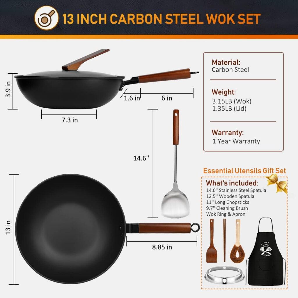 HIHEGD Carbon Steel Wok, 13 Inch Wok Pan with Lid Woks  Stir-Fry Pans with Spatula, No Chemical Coated Flat Bottom Wok for Induction, Electric, Gas Stove, All Stoves