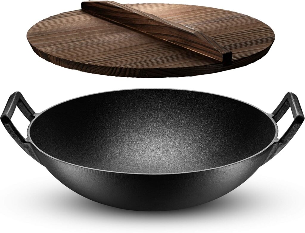 Klee Pre-Seasoned Cast Iron Wok Pan with Wood Wok Lid and Handles - 14 Large Wok Pan with Flat Base and Non-Stick Surface for Deep Frying, Stir-Frying, Grilling, Steaming - Stovetop and Oven Safe