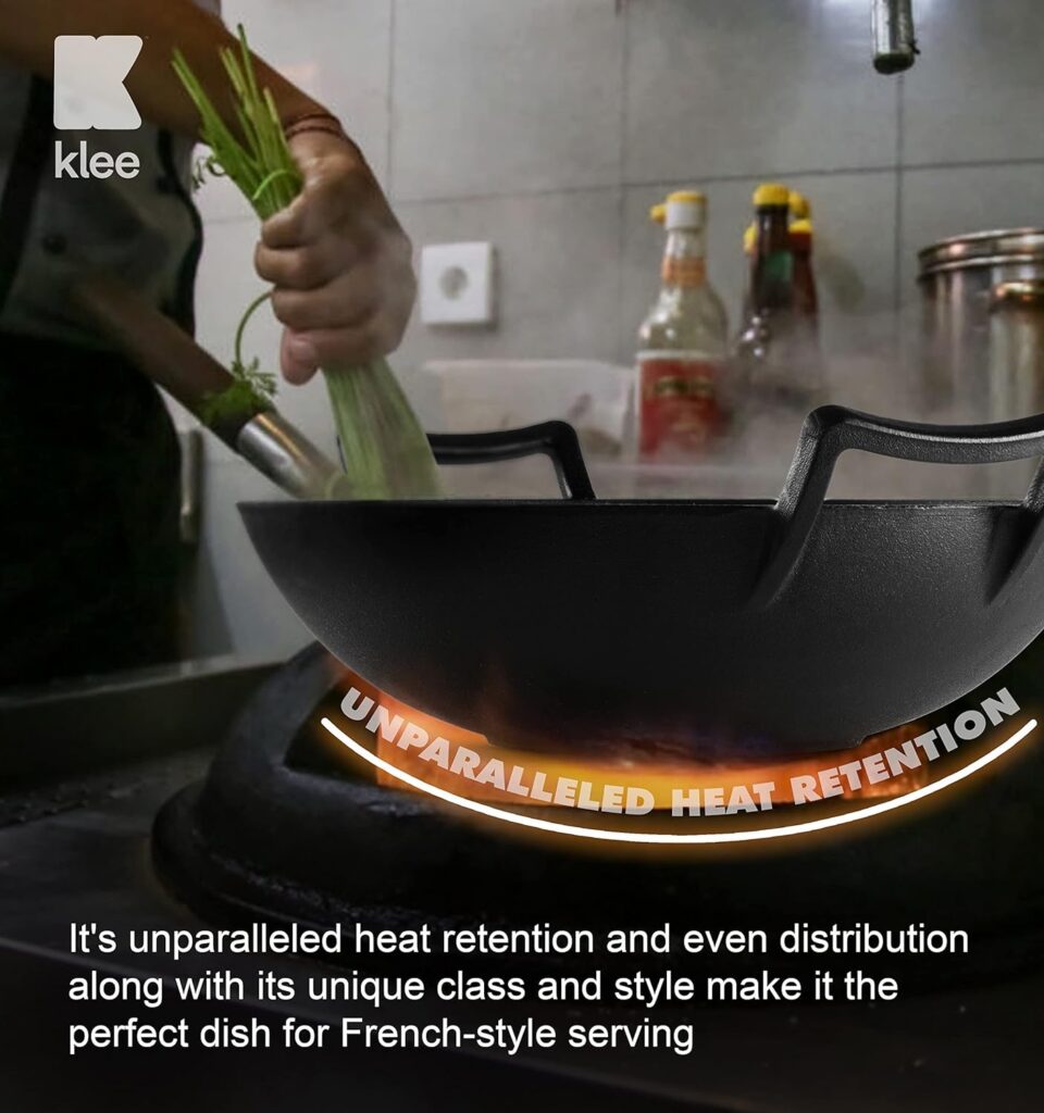 Klee Pre-Seasoned Cast Iron Wok Pan with Wood Wok Lid and Handles - 14 Large Wok Pan with Flat Base and Non-Stick Surface for Deep Frying, Stir-Frying, Grilling, Steaming - Stovetop and Oven Safe