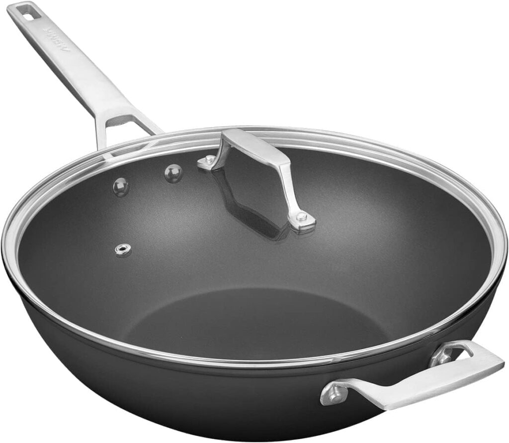 MsMk Titanium and Ceramic Nonstick Wok pan with lid，12.5 Inch Woks  Stir Fry Pans with Stay-Cool Handle，Flat Bottom Wok Suits for Induction, Electric, Gas, Halogen, All Stoves