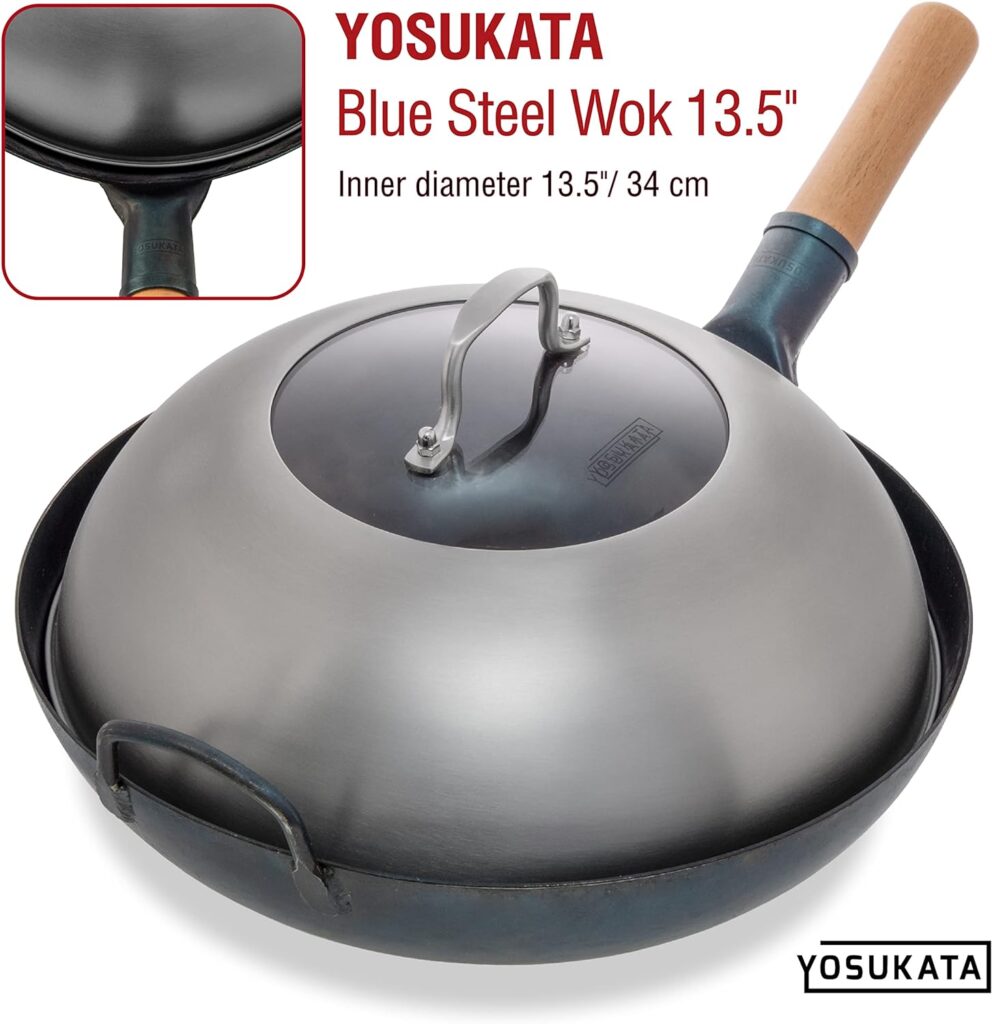 YOSUKATA Wok Lid 12.8 Inch - Premium Stainless Wok Cover with Tempered Glass Insert Steam Holes and Ergonomic Handle - Durable Wok Accessories - Dishwasher-Safe Lid for 13.5-In Wok for Asian Cooking