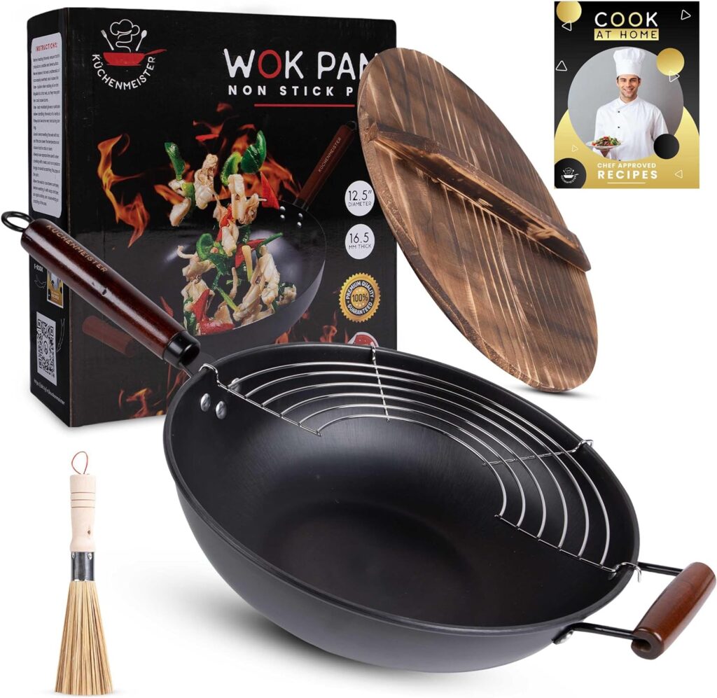 12.5-Inch Carbon Steel Wok Pan with Lid, Brush, Oil Strainer - Flat Bottom Woks  Stir Fry Pans Nonstick for Induction, Electric, Gas, Halogen Stoves - Mothers Day Gifts