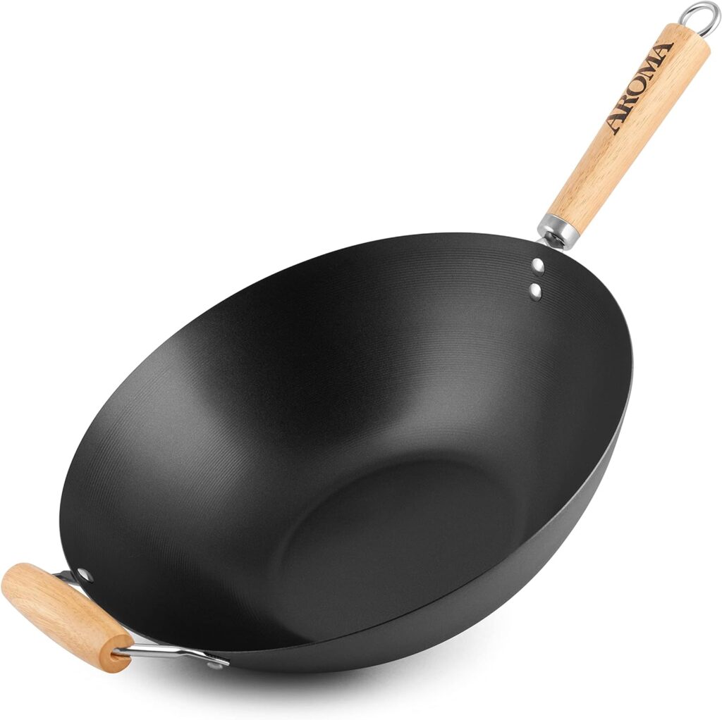 Aroma Housewares 14 Heavy Duty Carbon Steel Cookware (ANW-102) Non-Stick Wok, black