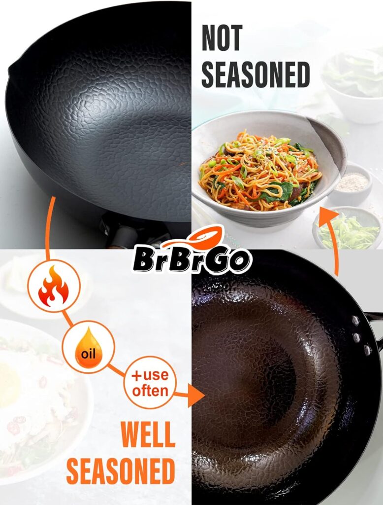 Carbon Steel Wok, 13 Inch Wok Pan with Lid and Cookwares, 5 Piece Woks  Stir-Fry Pans Set, No Chemical Coated Flat Bottom Chinese Woks for Induction, Electric, Gas, All Stoves