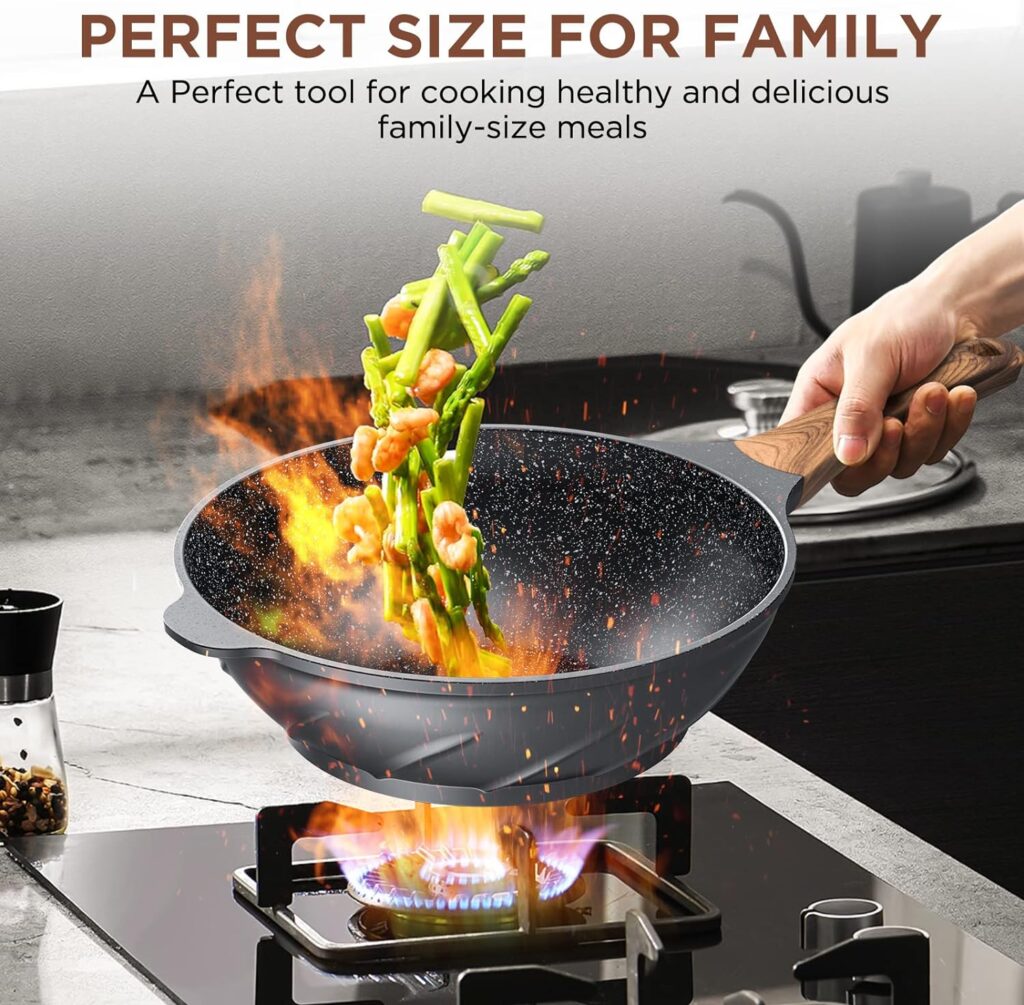 Nonstick Wok and Stir Fry Pan with Whirlwind Design 12.5 inch Die-cast Aluminum Scratch Resistant Healthy Wok with Free-standing Lid