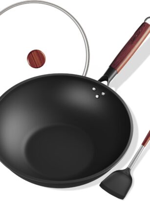 Carbon Steel Wok 13-Inch Wok Pan with Glass Cover Silicone Spatula, Non-Stick Surface Woks & Stir-Fry Pans Pre-Seasoned Chinese Wok Pan for Induction, Electric, Gas Stoves Cooking review
