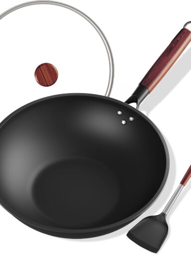 Carbon Steel Wok 13-Inch Wok Pan with Glass Cover Silicone Spatula, Non-Stick Surface Woks & Stir-Fry Pans Pre-Seasoned Chinese Wok Pan for Induction, Electric, Gas Stoves Cooking review